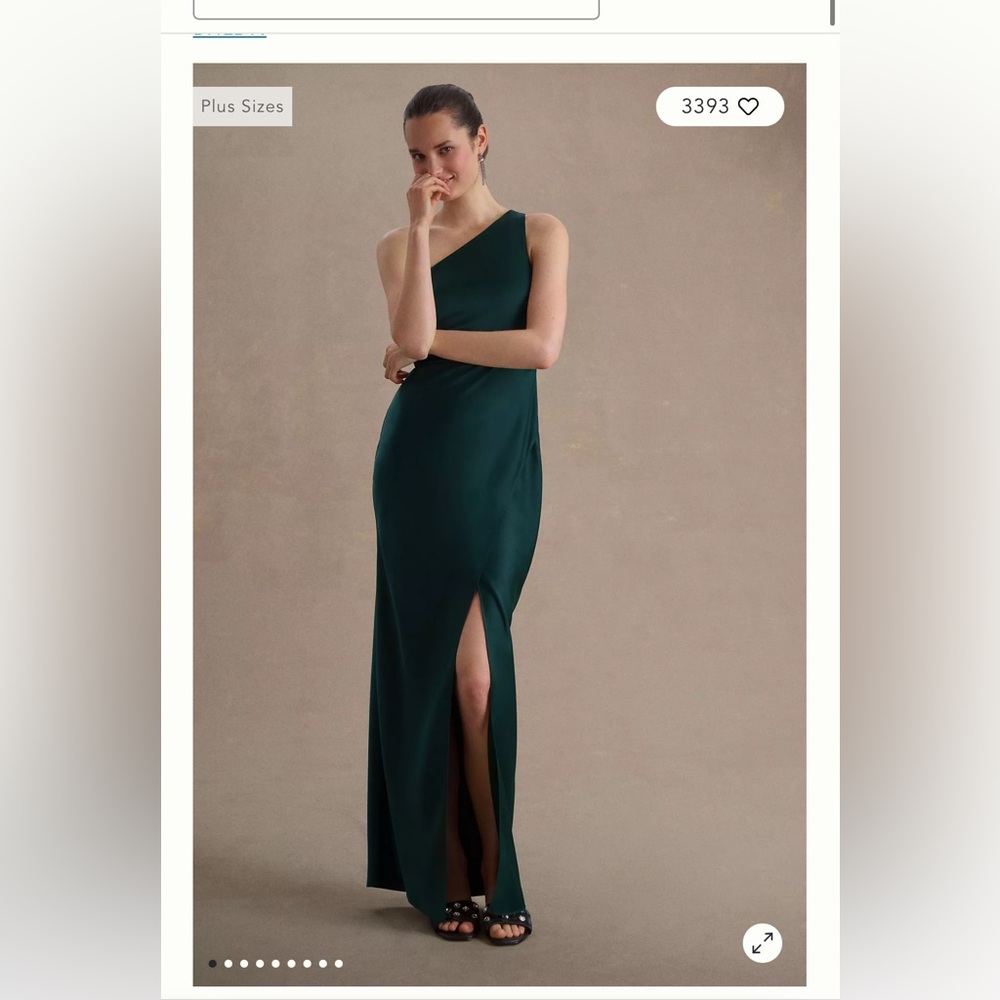 BHLDN Emerald Dylan One-Shoulder Satin Side-Slit Gown